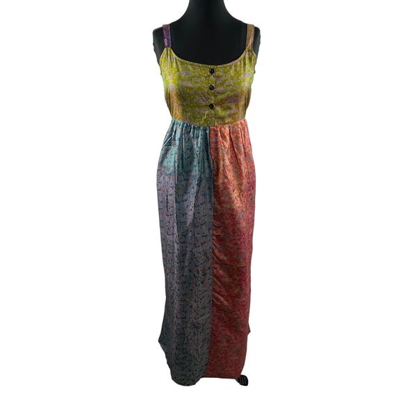 FASHION FUSE Multicolor PURE Silk Sleeveless Scoop Neck Tie Belt Maxi Dress Sz S - Picture 2 of 8